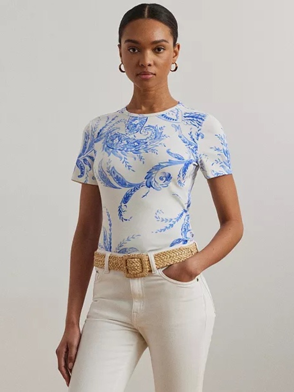 Lauren Ralph Lauren White Short Sleeve Top with Blue Print